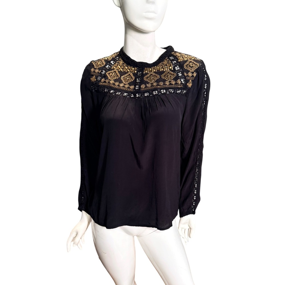 Lucky Brand Blouse Black Gold Embroidered Beaded Boho peasant Top Medium